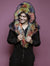Man wearing faux fur Parrot Shawl Collector Edition SpiritHood, front view