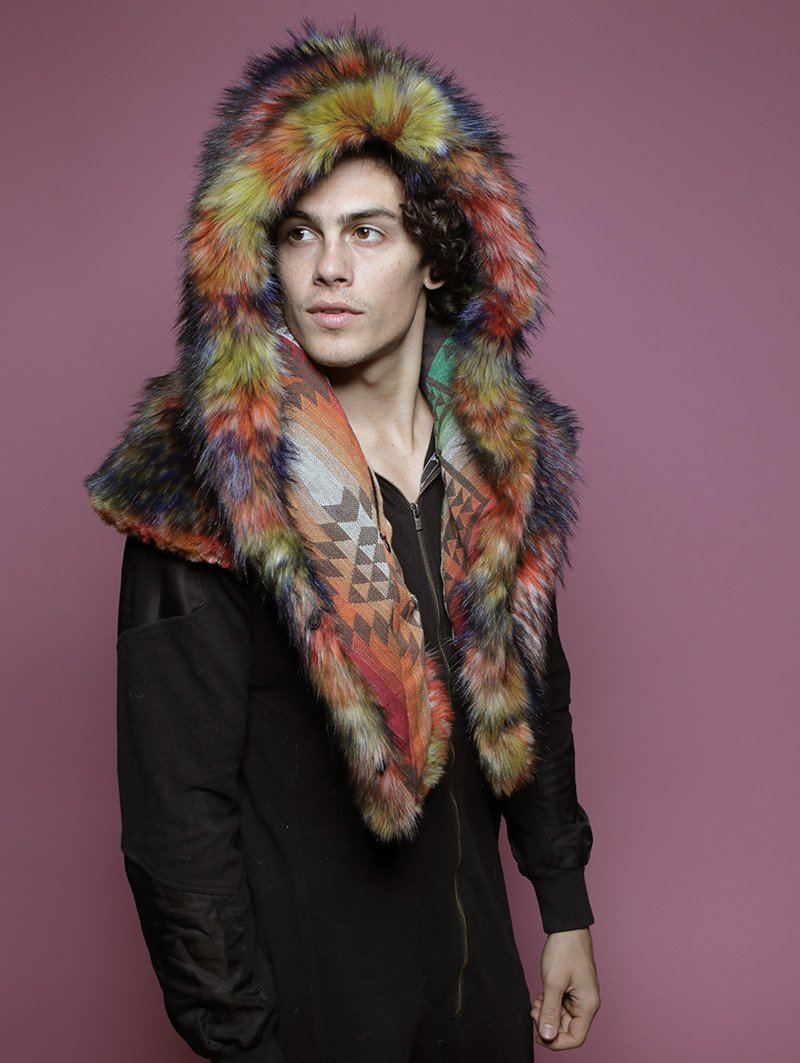 Man wearing faux fur Parrot Shawl Collector Edition SpiritHood, side view 1