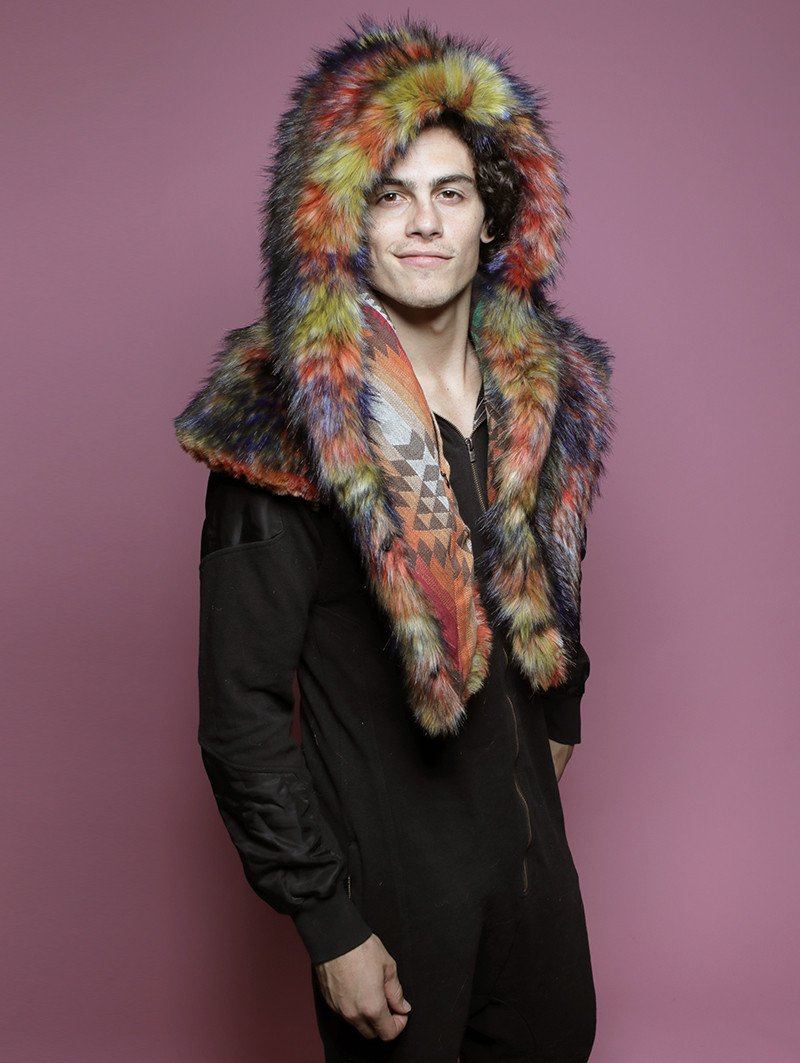 Man wearing faux fur Parrot Shawl Collector Edition SpiritHood