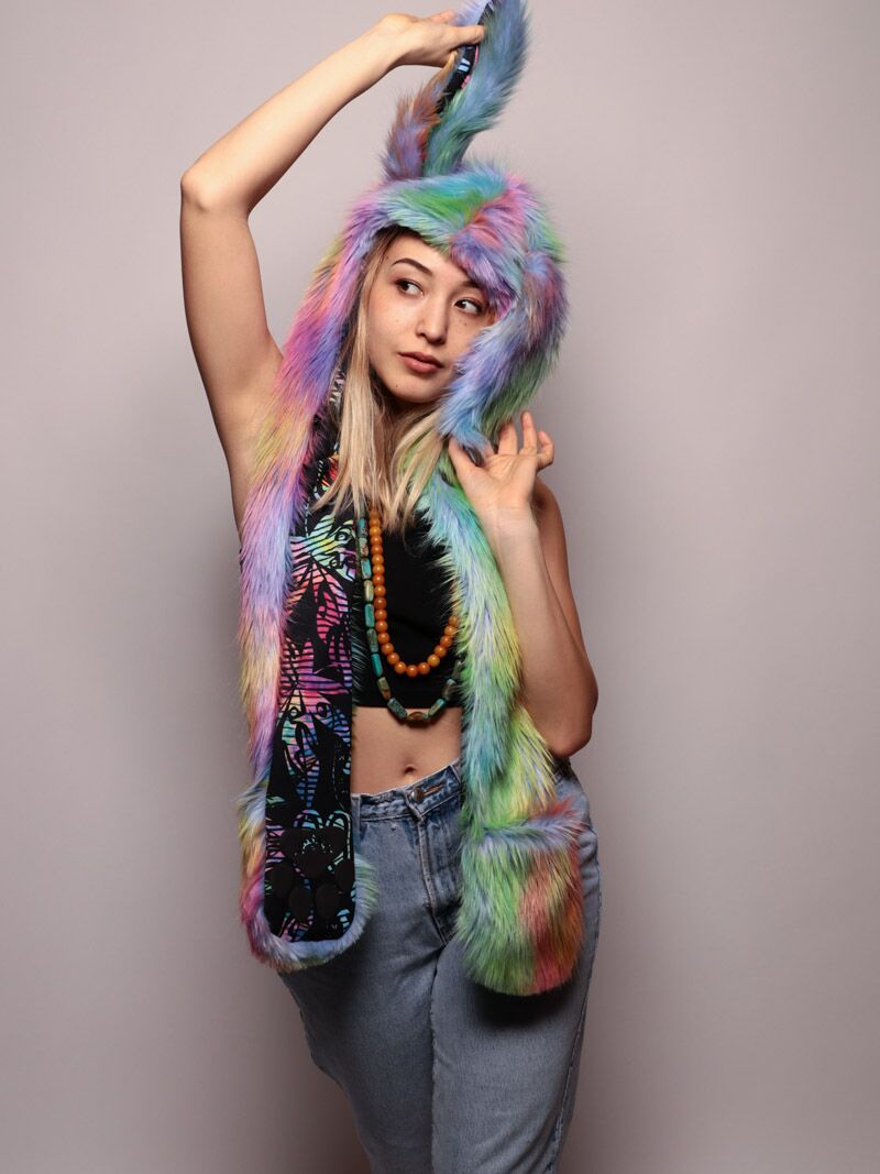 Woman wearing faux fur Fair Bunny CE SpiritHood, front view 2