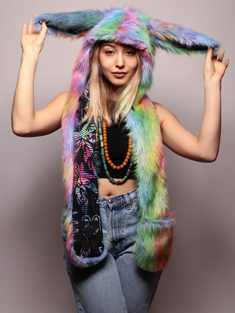 Woman wearing faux fur Fair Bunny CE SpiritHood, front view 3