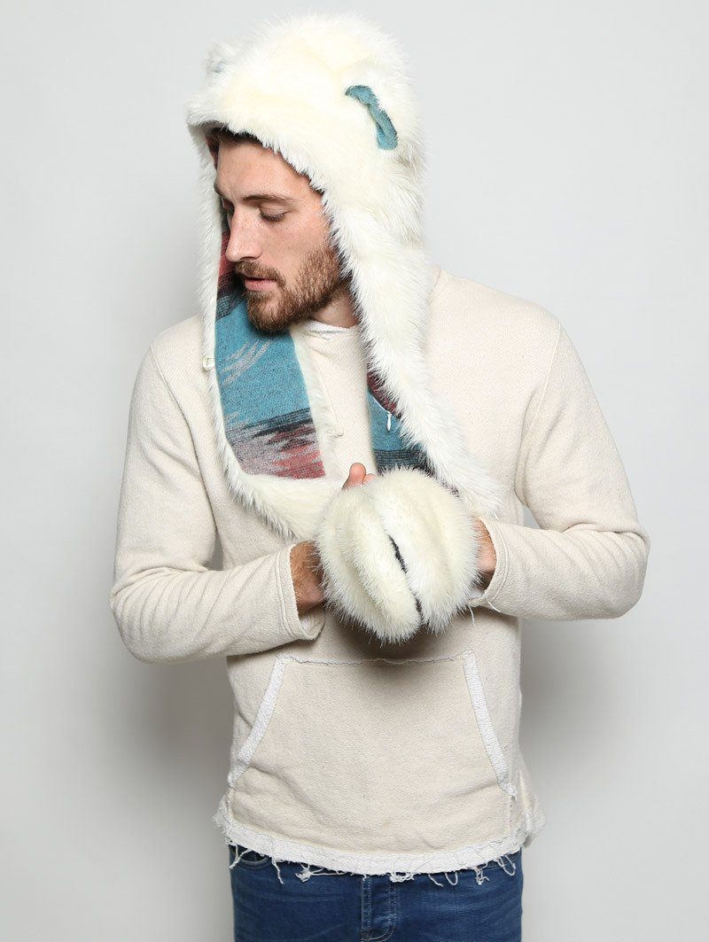 Man wearing faux fur Polar Bear Italy SpiritHood, side view