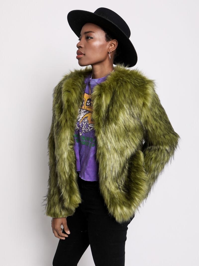 Faux Fur Bomber Jacket Womens Fluffy Rave Punk Green Jade Fox - SpiritHoods
