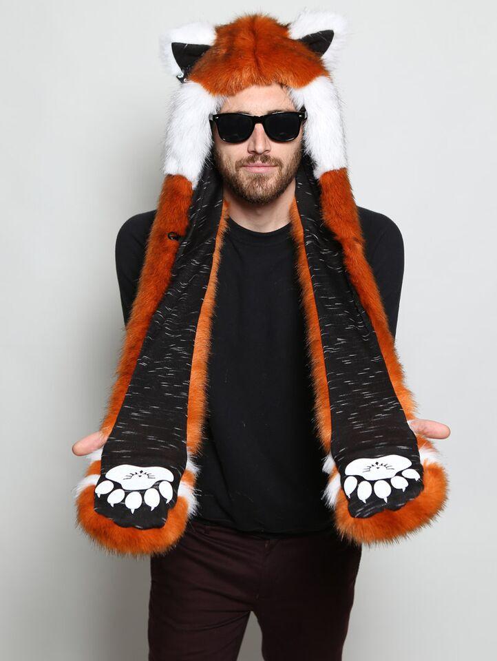 Man wearing faux fur Red Panda SpiritHood 2.0, front view 3