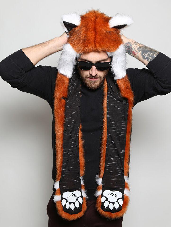Man wearing faux fur Red Panda SpiritHood 2.0, front view 4