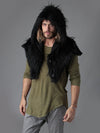 Man wearing faux fur Raven Shawl Collectors SpiritHood, front view 1