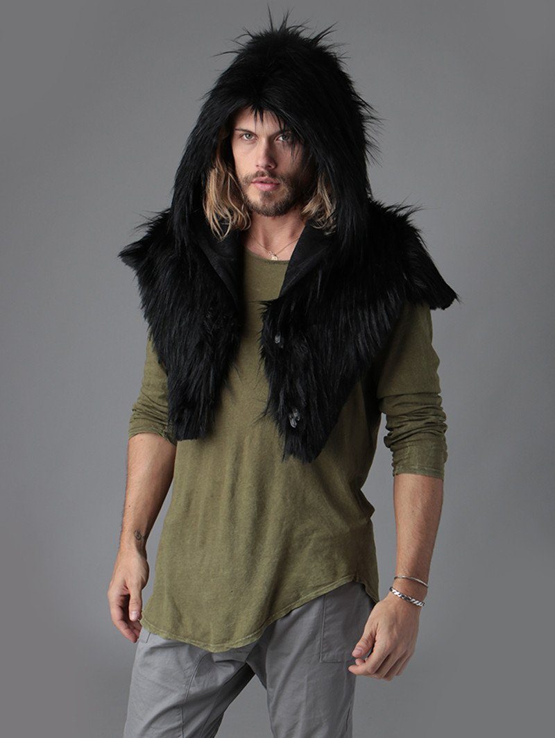 Man wearing faux fur Raven Shawl Collectors SpiritHood, front view 1