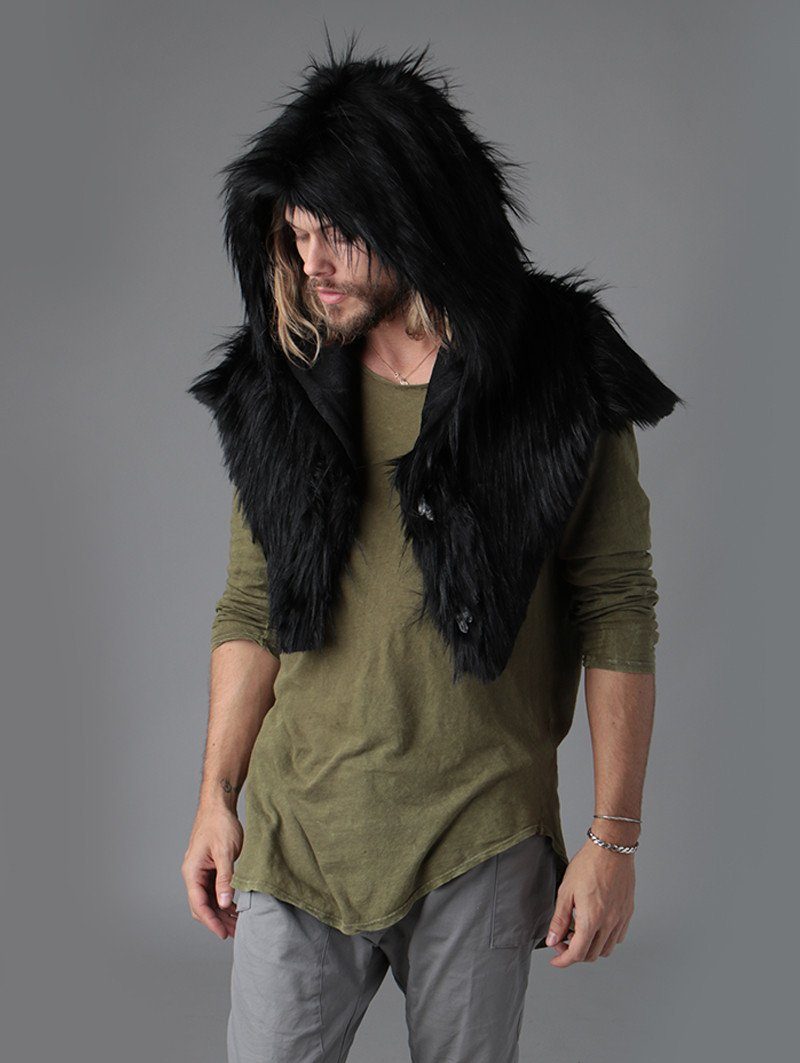 Man wearing faux fur Raven Shawl Collectors SpiritHood, side view 1