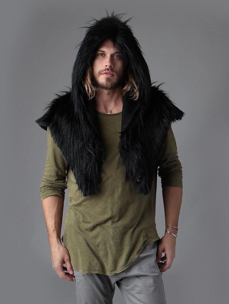 Man wearing faux fur Raven Shawl Collectors SpiritHood, front view 2