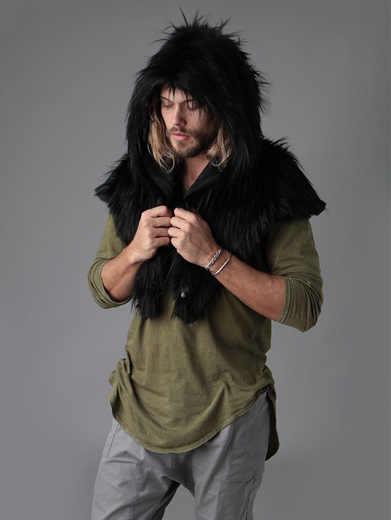 Man wearing faux fur Raven Shawl Collectors SpiritHood, side view 3