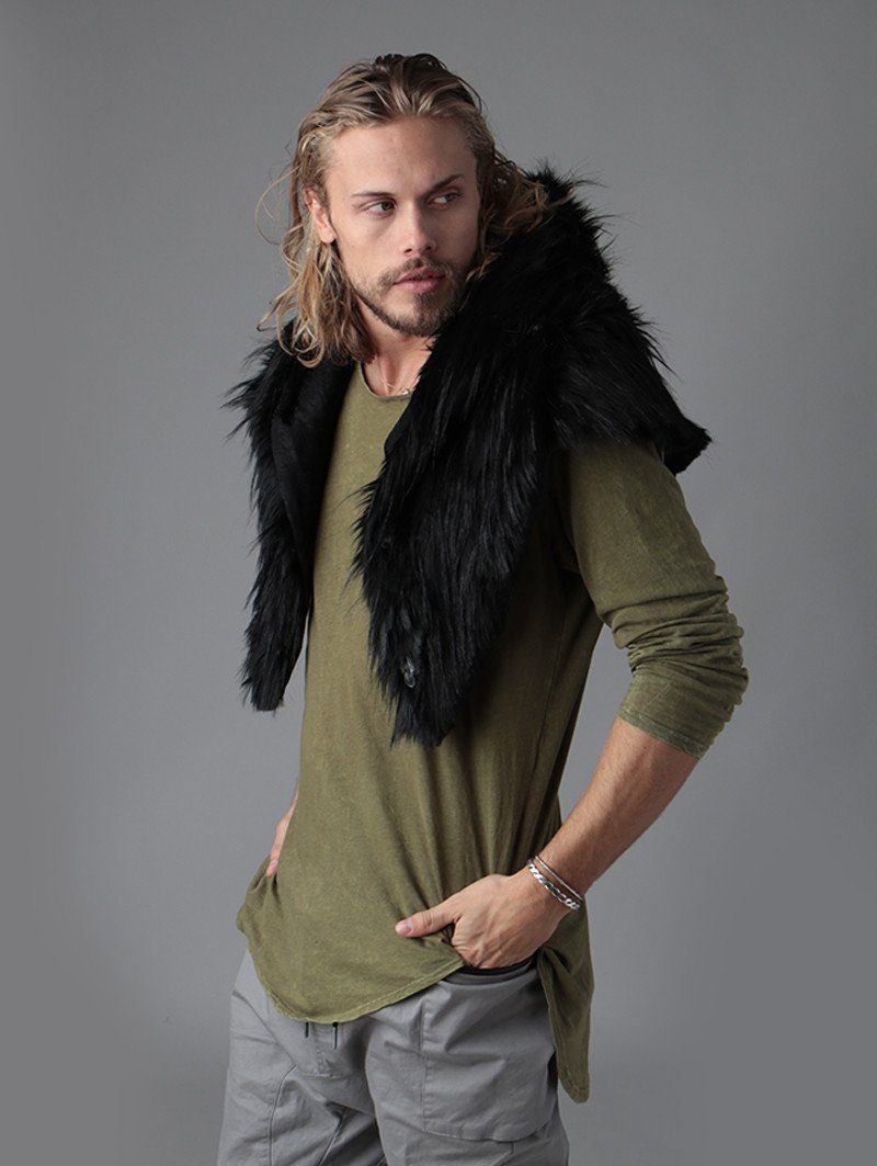 Man wearing faux fur Raven Shawl Collectors SpiritHood, side view 2