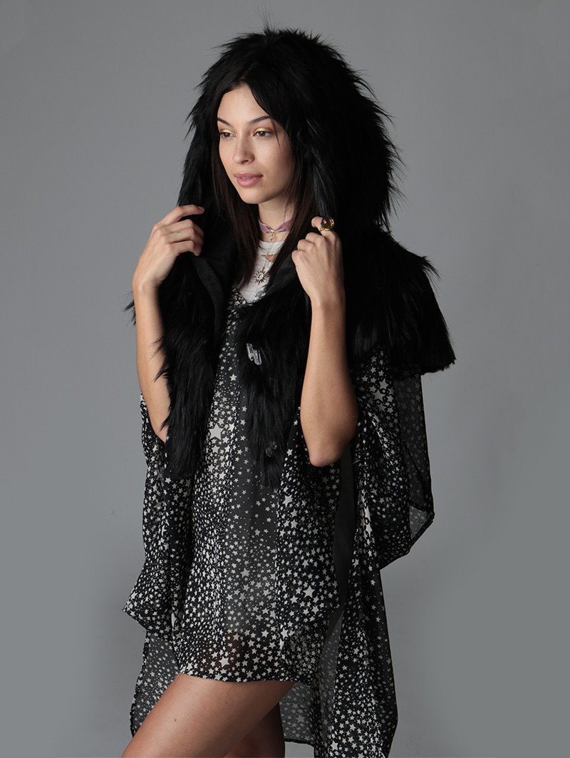 Woman wearing Faux Fur Raven Shawl Collectors Edition