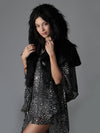 Woman wearing Faux Fur Raven Shawl Collectors Edition, side view