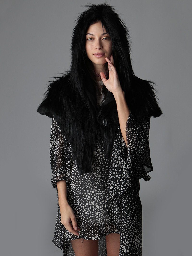 Woman wearing Faux Fur Raven Shawl Collectors Edition, front view