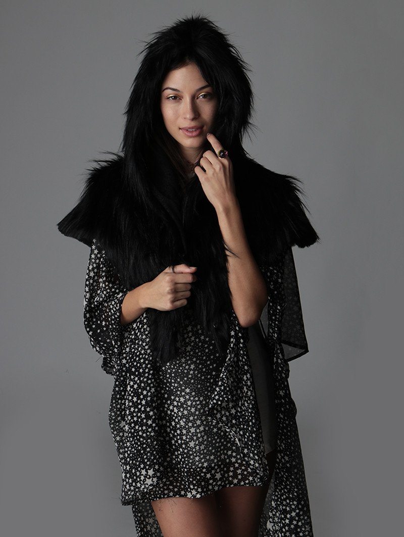 Woman wearing Faux Fur Raven Shawl Collectors Edition, front view 1