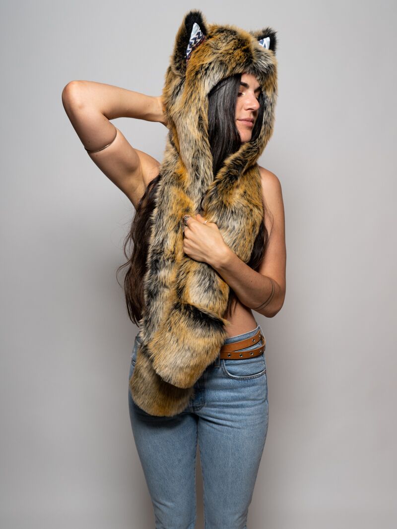 Woman Wearing Faux Fur Santa Fe Wolf Collector Edition SpiritHood