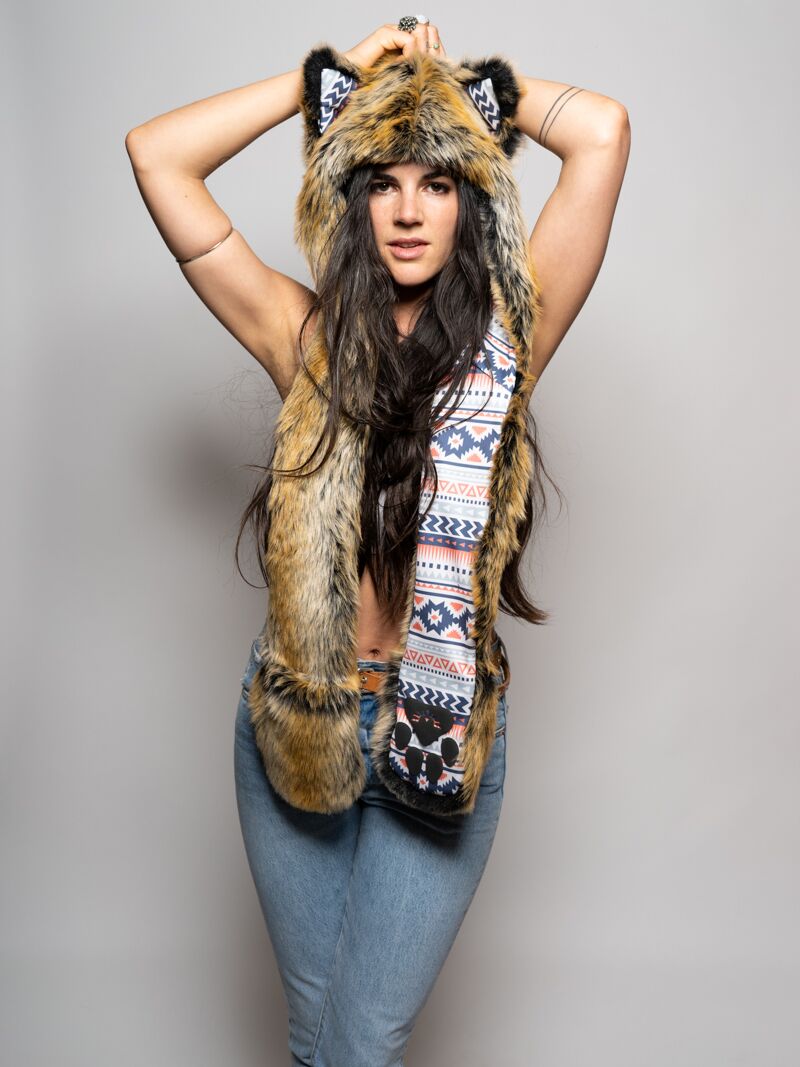 Hooded Faux Fur Santa Fe Wolf Collector Edition SpiritHood on Female Model