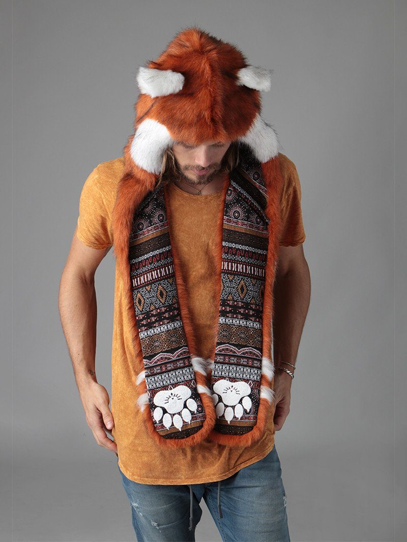 Man wearing faux fur Red Panda CE SpiritHood, front view