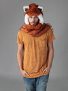 Man wearing faux fur Red Panda CE SpiritHood, front view 1