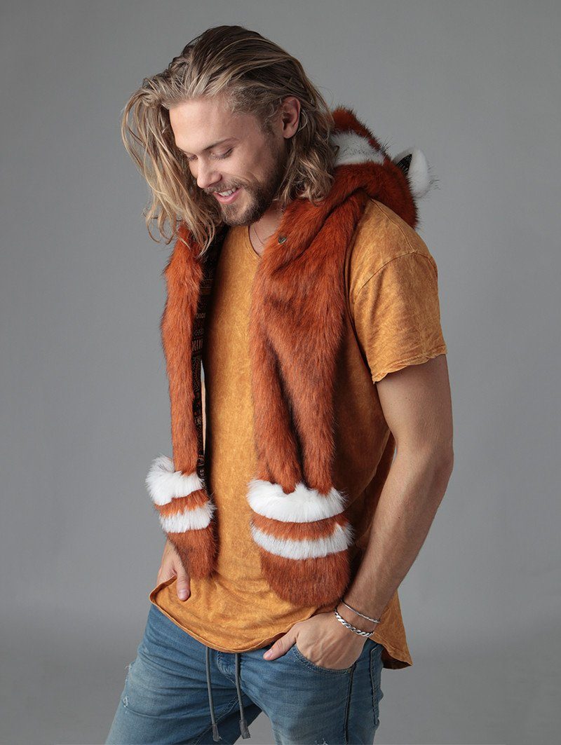 Man wearing faux fur Red Panda CE SpiritHood, side view 1