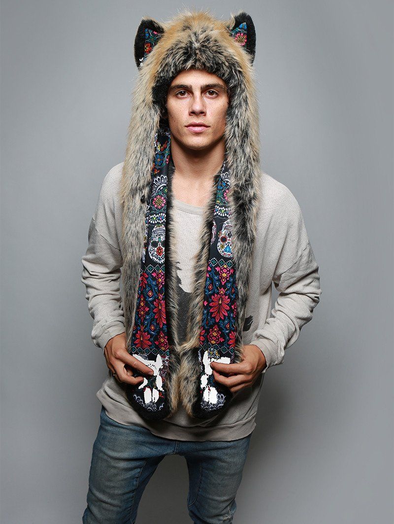 Man wearing faux fur Red Wolf Dia De Los Muertos Collector SpiritHood