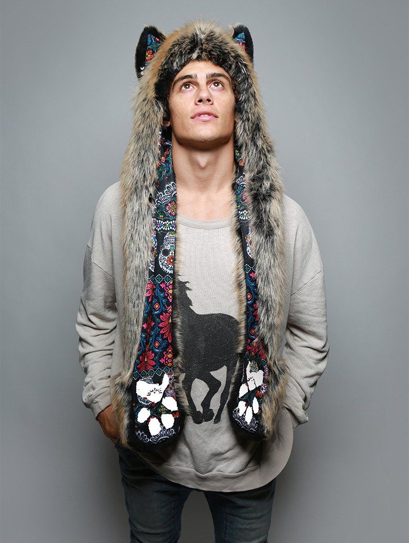 Man wearing faux fur Red Wolf Dia De Los Muertos Collector SpiritHood, front view