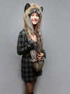Hooded Faux Fur Red Wolf Dia De Los Muertos Collector SpiritHood on Woman