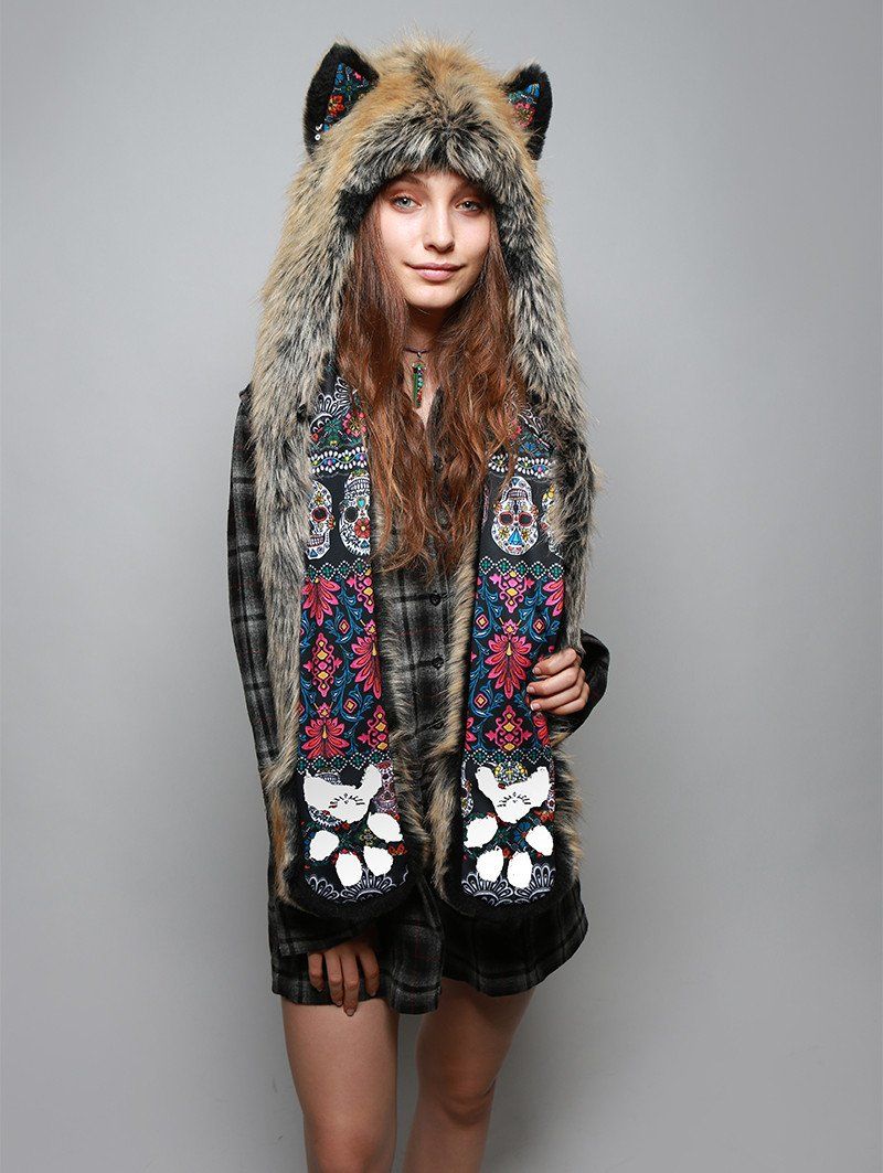 Red Wolf Dia De Los Muertos Collector SpiritHood on Woman