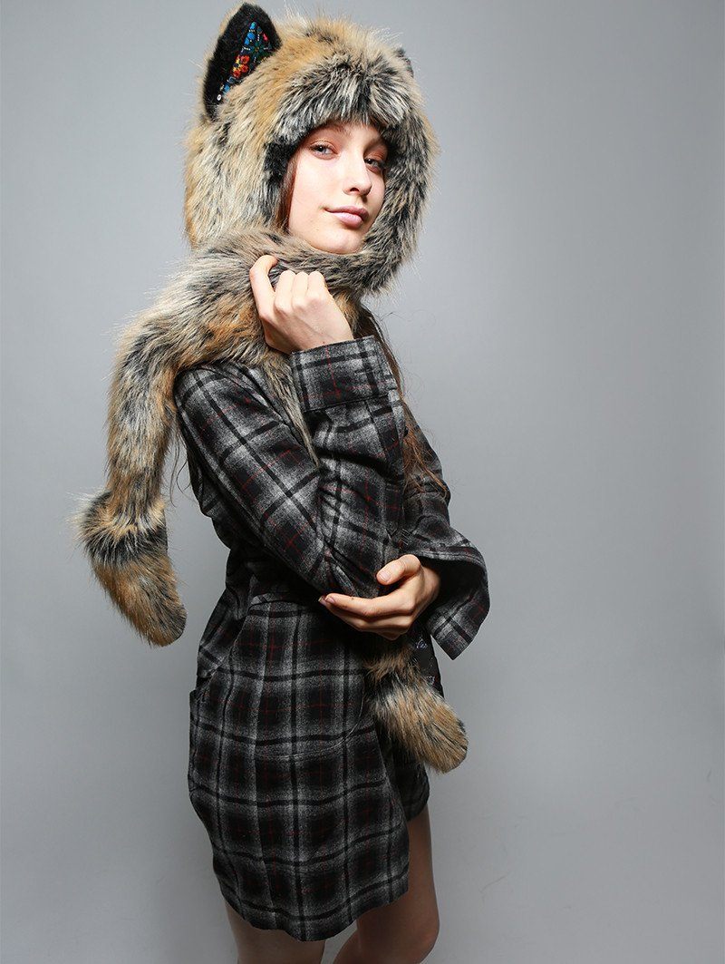 Red Wolf Faux Fur Collector SpiritHood in Dia De Los Muertos Design on Woman