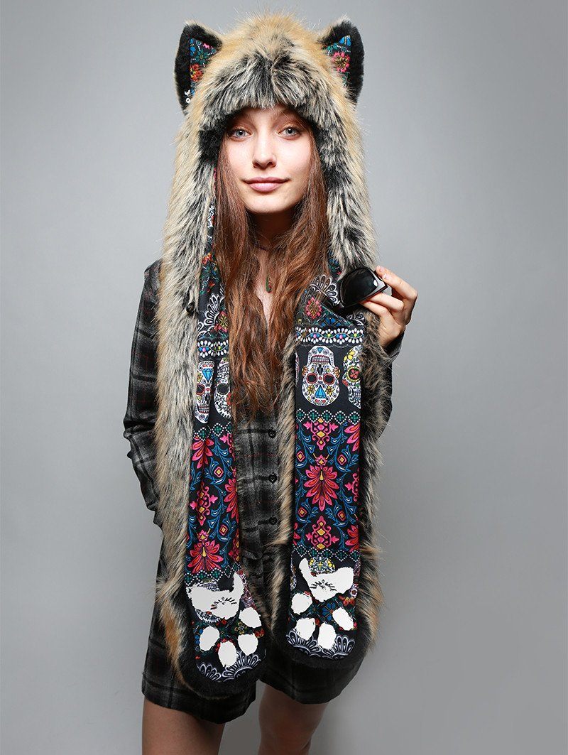 Faux Fur Red Wolf Dia De Los Muertos Collector SpiritHood on Woman