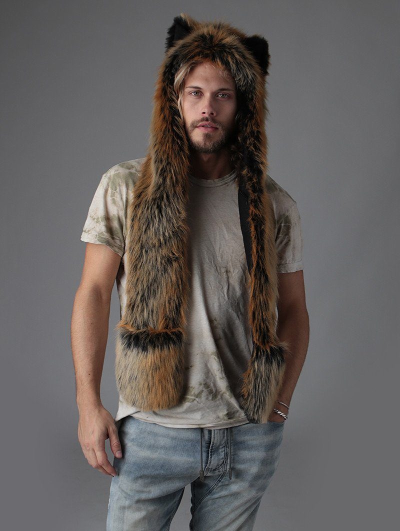 Man wearing Red Wolf Faux Fur Hood, front view