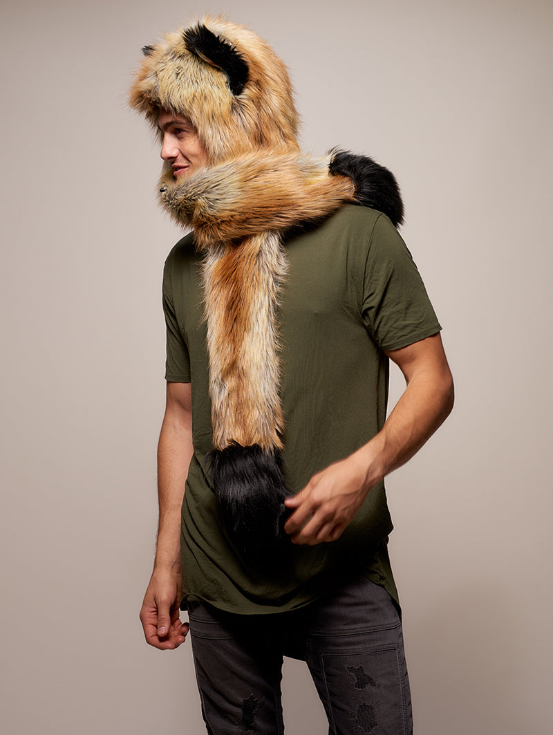 Man wearing faux fur Collector Edition Red Fox 2.0 SpiritHood, side view