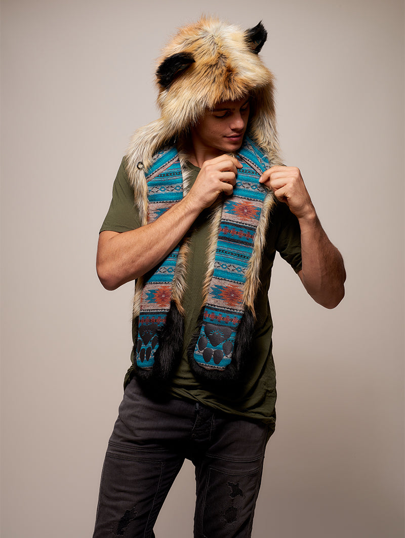 Man wearing faux fur Collector Edition Red Fox 2.0 SpiritHood, front view 1