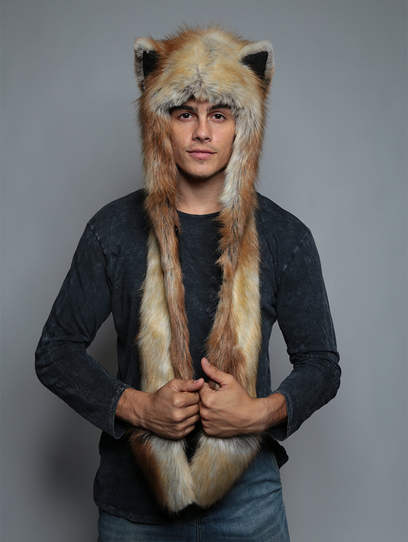 Man wearing Red Fox Faux Fur Hood, front view 4