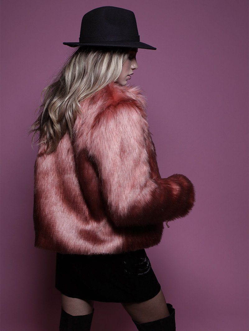 Back View of Rose Quartz Faux Fur Bomber SpiritHood on Woman