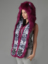Collector Edition Hooded Faux Fur in Rose Wolf Design on Female Model