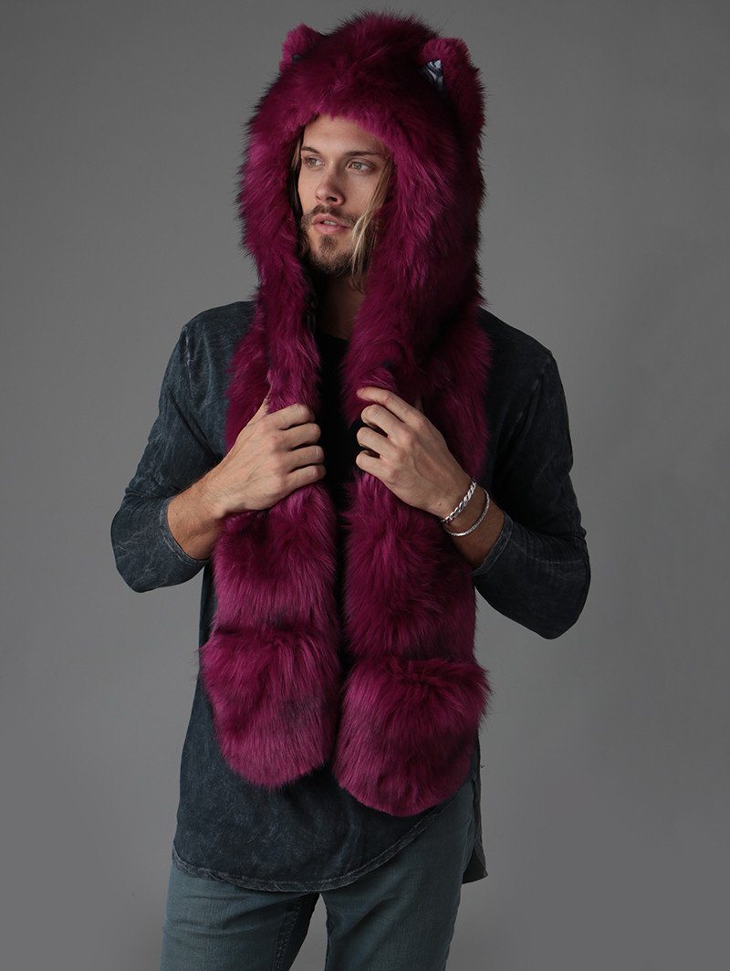 Man wearing faux fur Rose Wolf Collector Edition SpiritHood