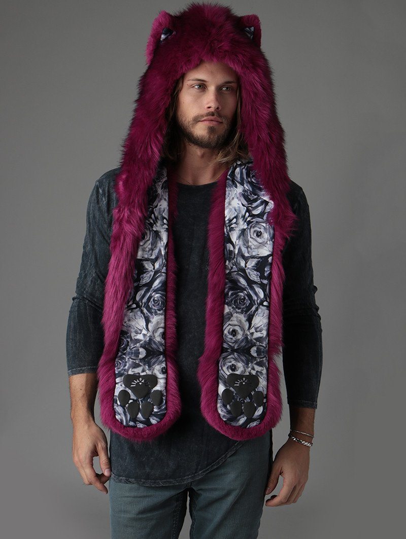 Man wearing faux fur Rose Wolf Collector Edition SpiritHood, front view