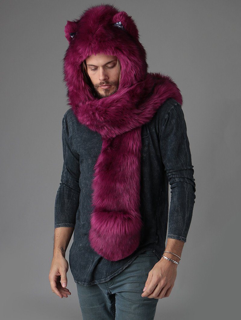 Man wearing faux fur Rose Wolf Collector Edition SpiritHood, front view 1
