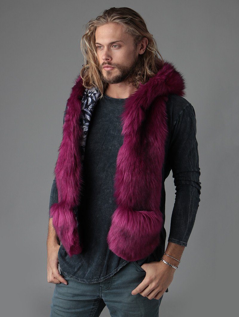 Man wearing faux fur Rose Wolf Collector Edition SpiritHood, side view