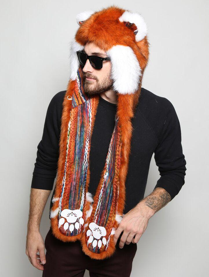 Man wearing faux fur Red Panda Collectors Edition SpiritHood