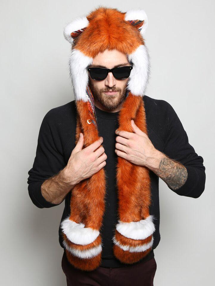 Man wearing faux fur Red Panda Collectors Edition SpiritHood, front view