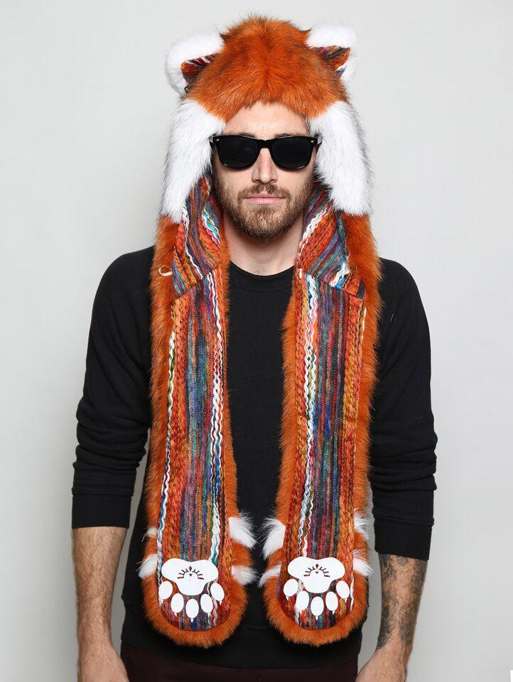 Man wearing faux fur Red Panda Collectors Edition SpiritHood, front view 5