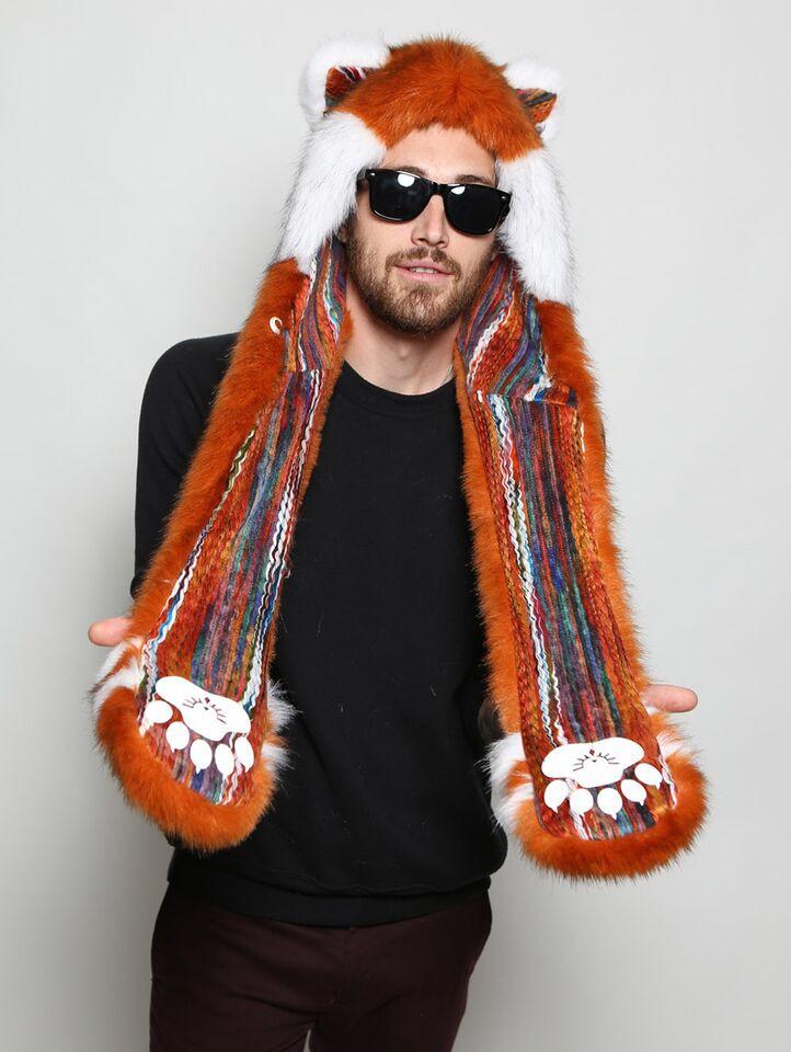 Man wearing faux fur Red Panda Collectors Edition SpiritHood, front view 3