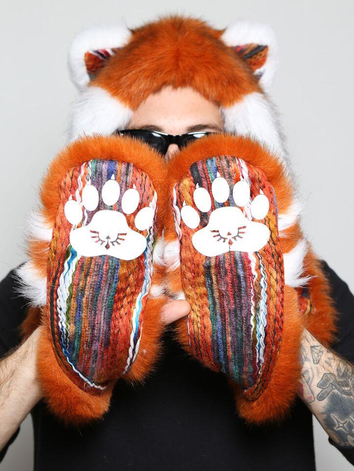 Man wearing faux fur Red Panda Collectors Edition SpiritHood, front view 1