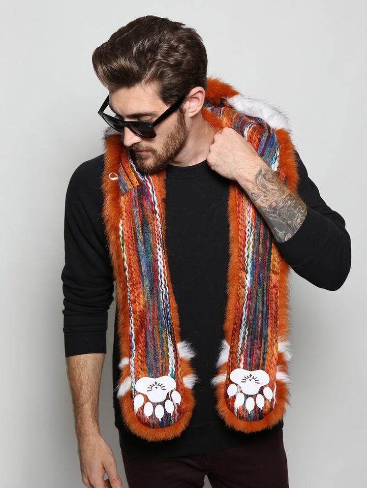 Man wearing faux fur Red Panda Collectors Edition SpiritHood, front view 2