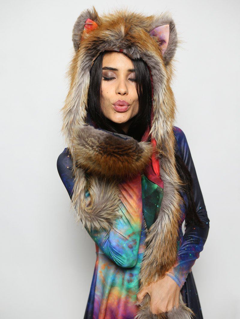 Woman wearing The BlackMilk Red Fox Rainbow Galaxy Faux Fur SpiritHood, front view 1