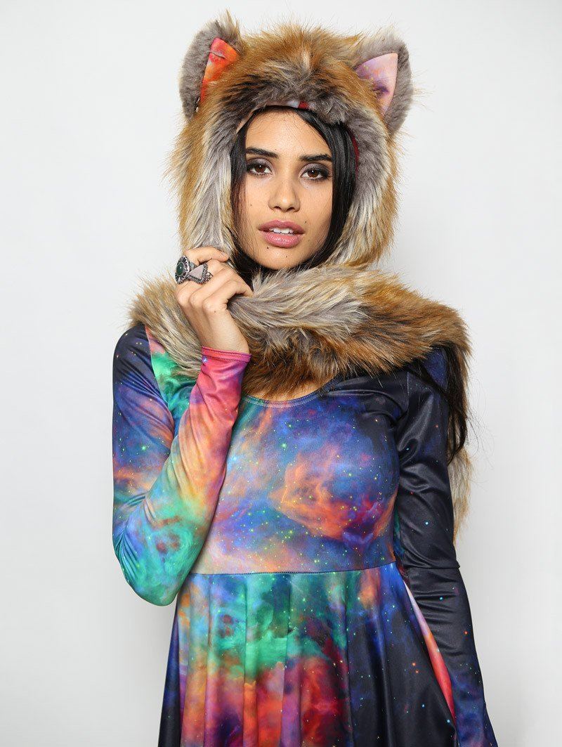 Woman wearing The BlackMilk Red Fox Rainbow Galaxy Faux Fur SpiritHood, front view 3