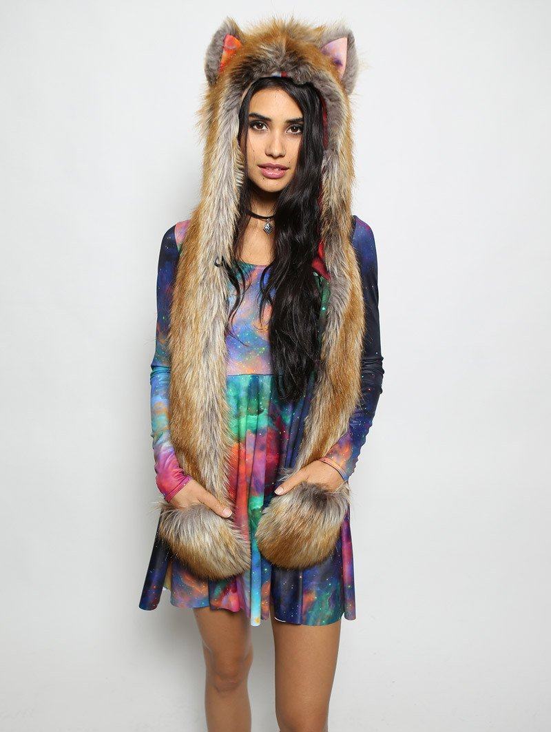 Woman wearing The BlackMilk Red Fox Rainbow Galaxy Faux Fur SpiritHood