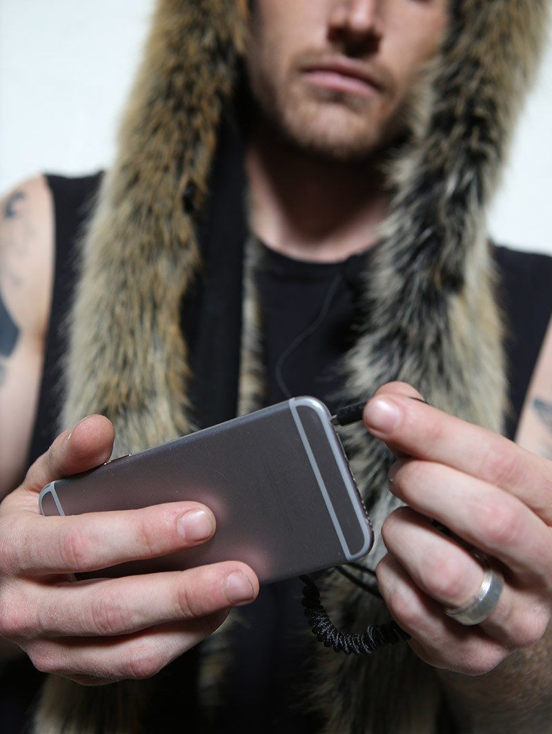 Man wearing faux fur Red Wolf HB3 SpiritHood